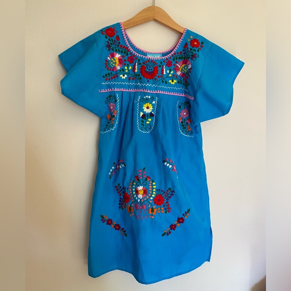 Mackie girl’s blue dress with floral embroidery handmade in Mexico